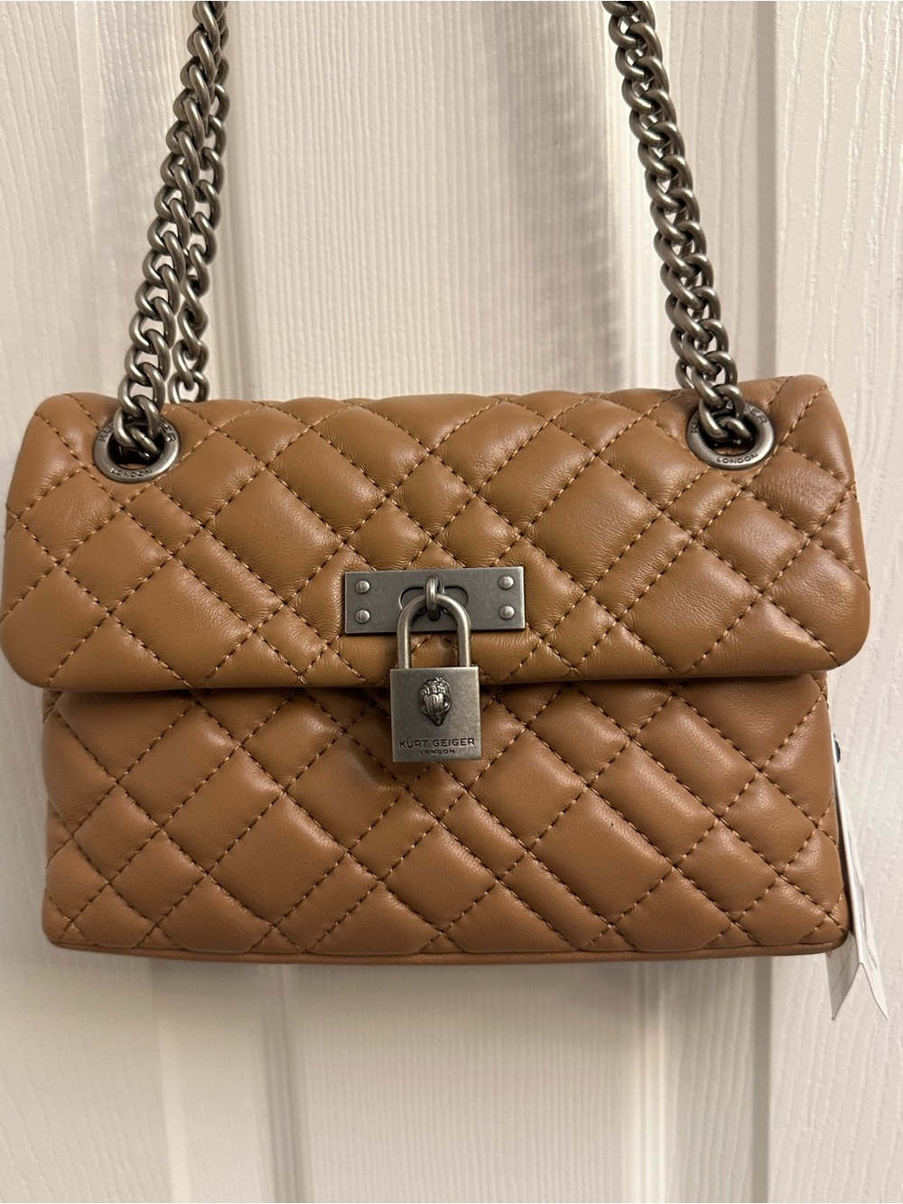 Kurt Geiger Quilted Tan Leather Shoulder Bag with Silver Chain